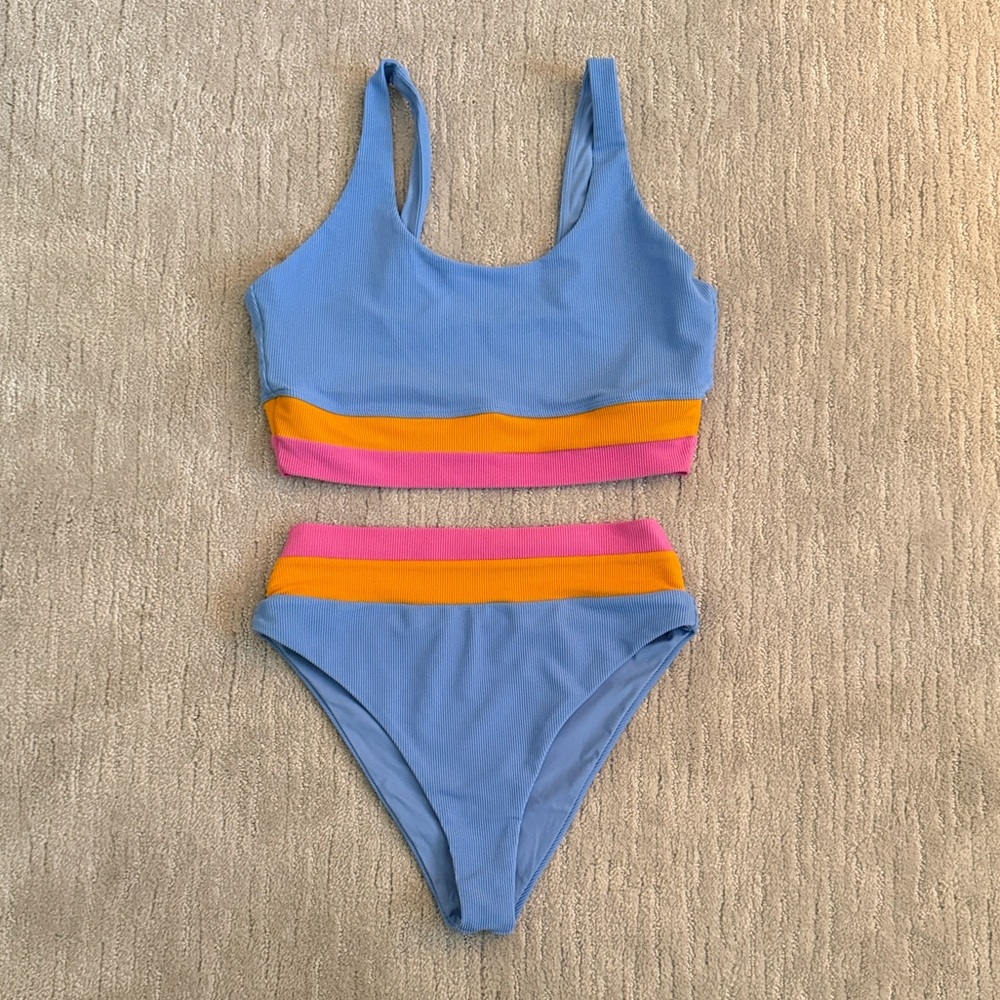 Beach Riot Light Blue Bikini with Pink and Orange Bands